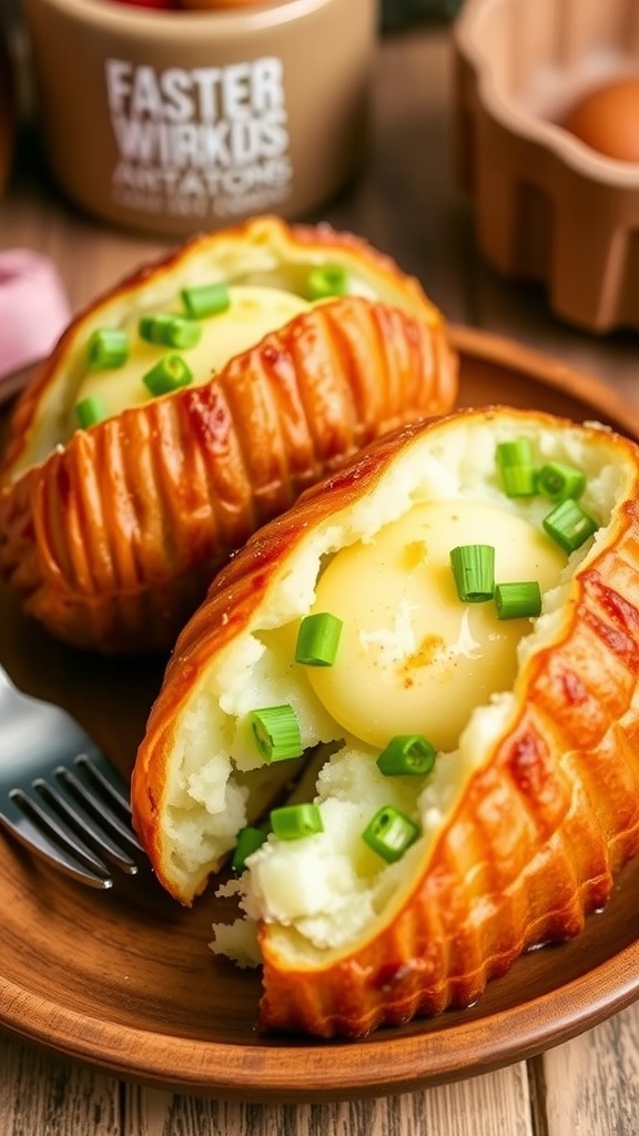 Crispy air fryer baked potatoes topped with butter, chives, and cheese on a wooden plate.